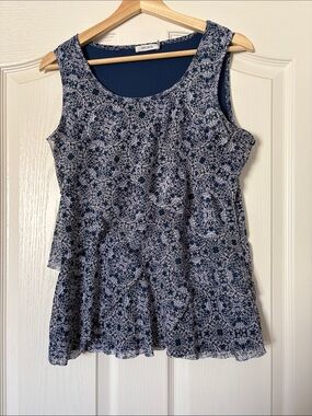 Rocky Navy and White Floral Sleeveless Peplum Tank
